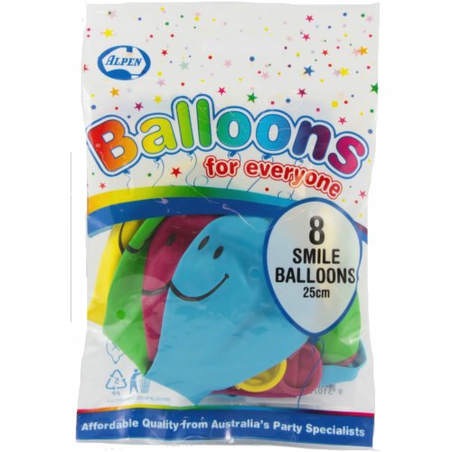 Balloons Printed Smile 25cm Mixed Colours (Pack 8)