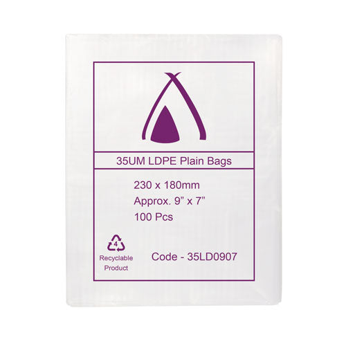 35um Clear Bag 09" x 7" (230mm x 180mm) (Carton 1000) (Pack 100)