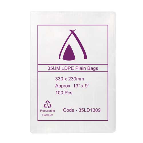 35um Clear Bag 13" x 09" (330mm x 230mm) (Carton 1000) (Pack 100)