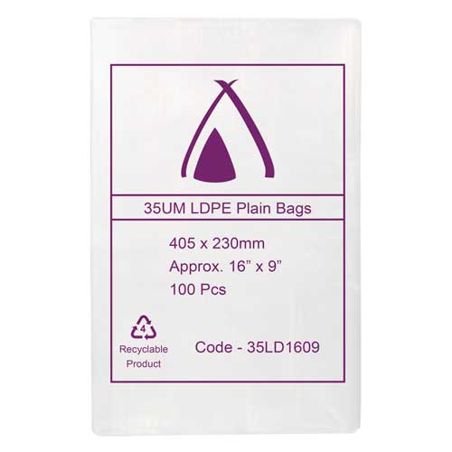 35um Clear Bag 16" x 09" (405mm x 230mm) (Carton 1000) (Pack 100)