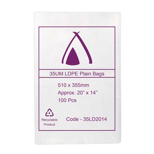 35um Clear Bag 20" x 14" (510mm x 355mm) (Carton 1000) (Pack 100)