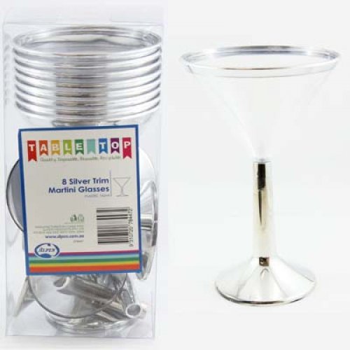 Plastic Wine Glass Martini Silver Trimmed  (Pack 8)
