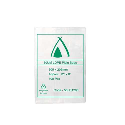 50um Clear Bag 12" x 08" (305mm x 205mm) (Carton 1000) (Pack 100)