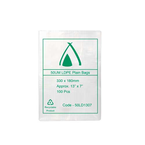50um Clear Bag 13" x 07" (330mm x 180mm) (Carton 1000) (Pack 100)
