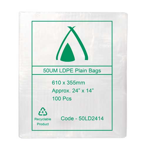 50um Clear Bag 24" x 14" (610mm x 355mm) (Carton 500) (Pack 100)