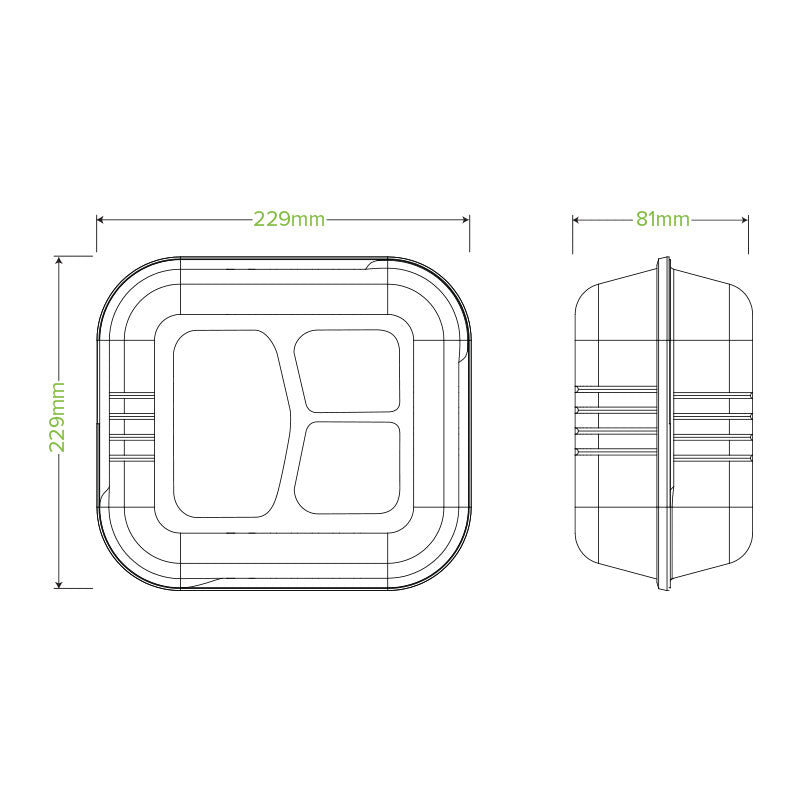 Bio Cane Clamshell (9"x9"x3") 3 Compartment HL-93 (Carton 200) (Sleeve 100)