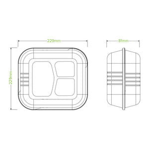 Bio Cane Clamshell (9"x9"x3") 3 Compartment HL-93 (Carton 200) (Sleeve 100)