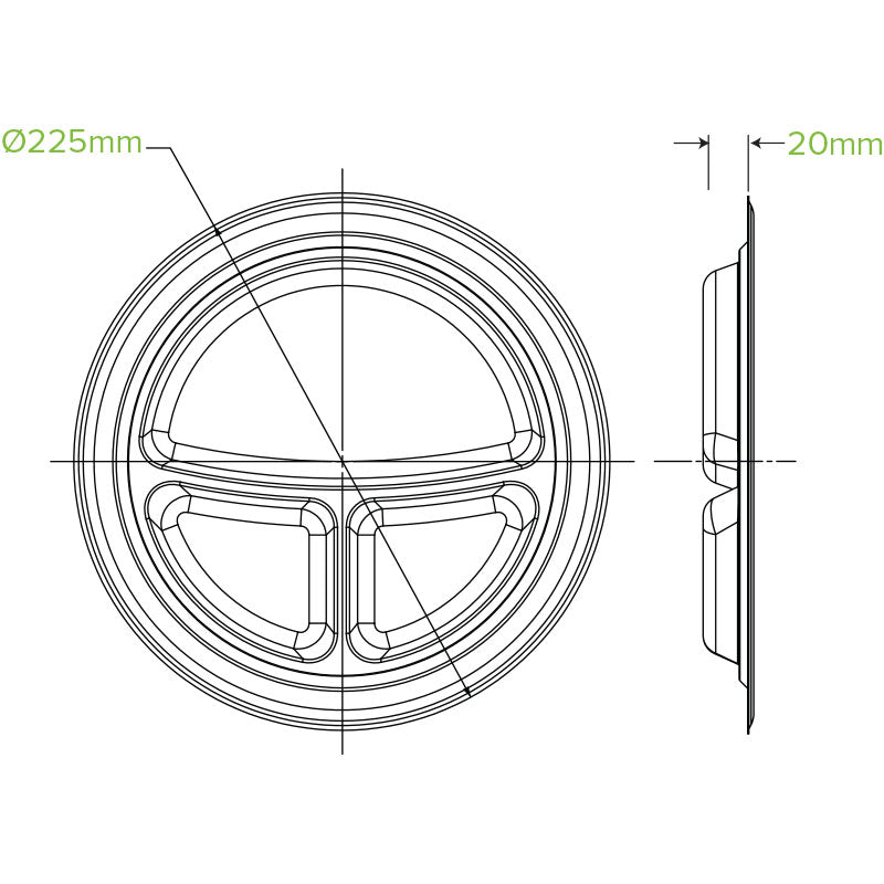 Bio Cane Plate 9"(22.86cm) 3 Comp (Carton 500) (Sleeve 125)